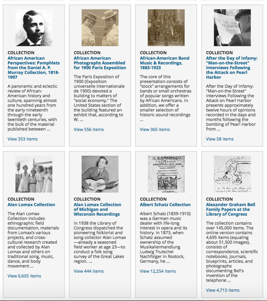 Screen shot from the Library of Congress's Digital Collections page, featuring collections of African-American history and culture, photographs of African-American women at the Paris Exposition of 1900, the Alan Lomax collections of folk music recordings, and more