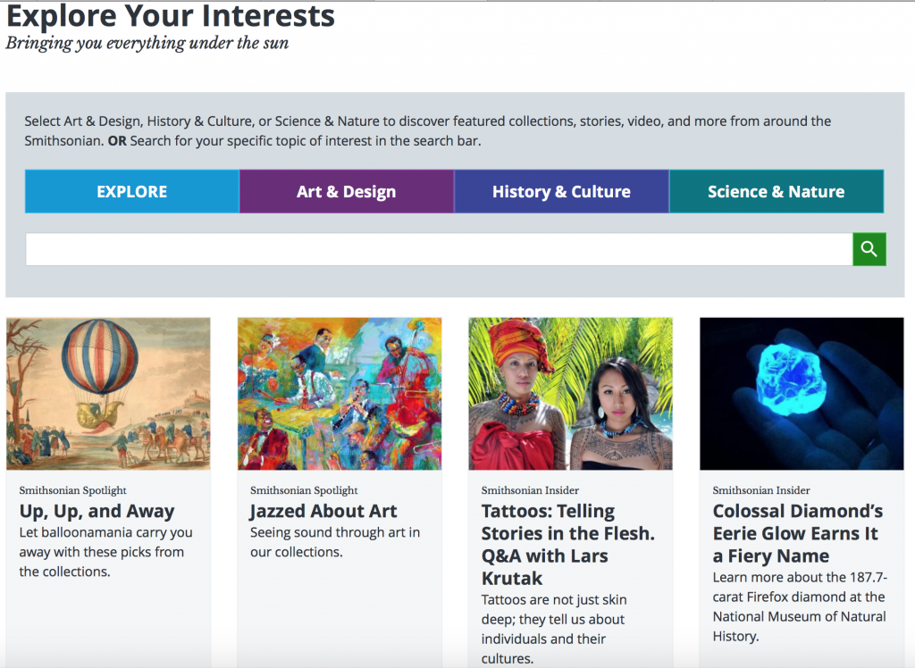 a screen shot of the Smithsonian's "Explore Interests" page