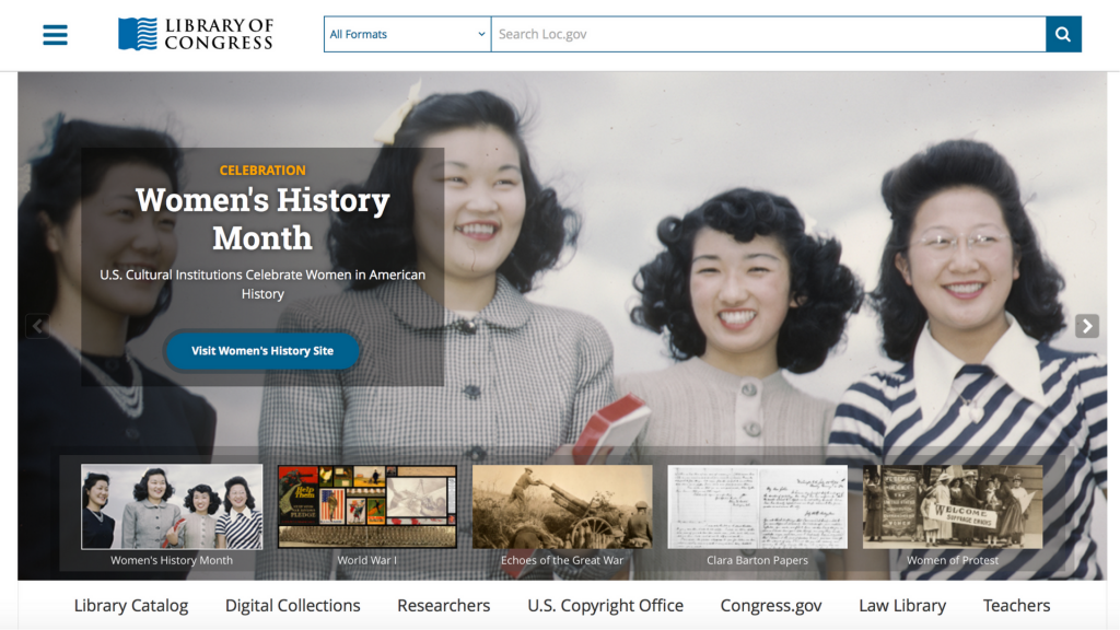 A screenshot of the Library of Congress home page during Women's History Month