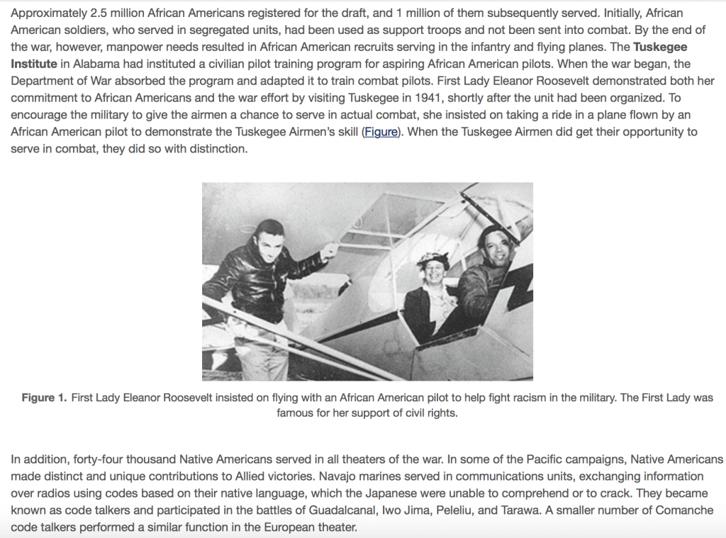 An excerpt from the OpenStax U.S. History textbook describing the contributions of African Americans and Native Americans during World War II. There is an image of Eleanor Roosevelt in an airplane with African-American pilots.